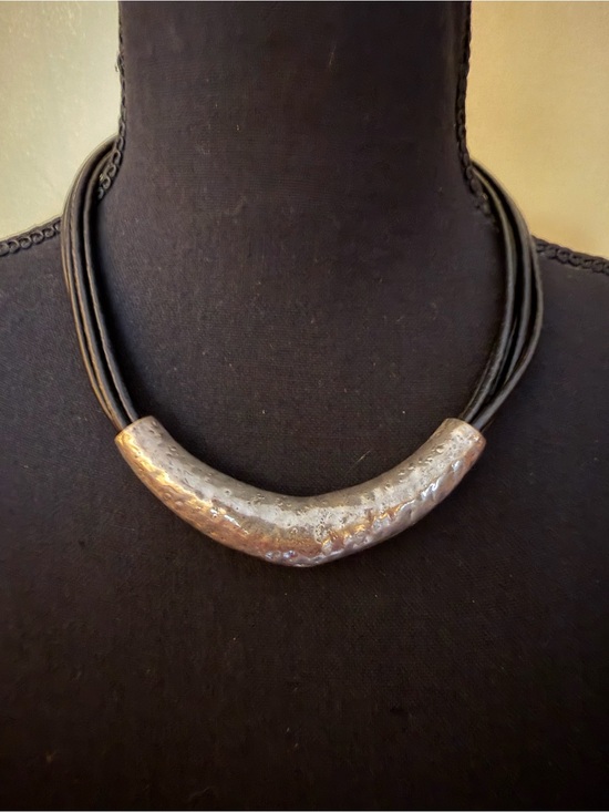 Jewelry - Handcrafted Silver-Tone Curved Tube Necklace with Black Cord